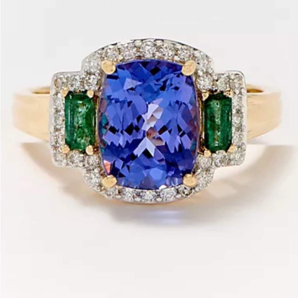 QVC Affinity Gems 1.68 ct  Faceted Tanzanite & Emeralds Diamond Ring 14k